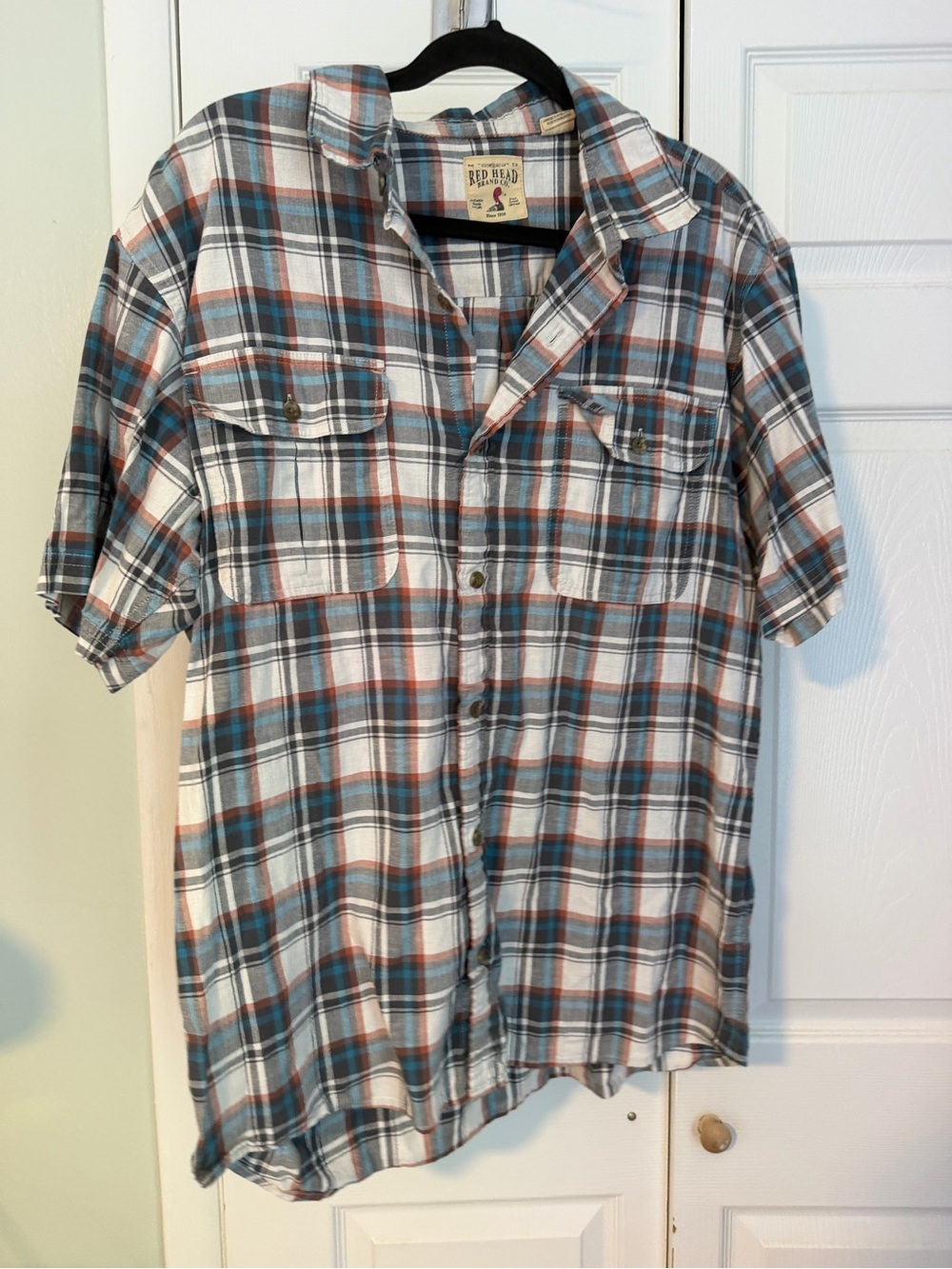Plaid Short-Sleeve Button-Down Shirt - Blue/White/Brown
